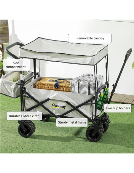 Outsunny Folding Trolley Cart Storage Wagon Beach Trailer 4 Wheels with Handle Overhead Canopy Cart Push Pull for Camping, Grey  - pic 107411 | FastDaddyshop