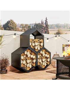 Outsunny Fireplace Log Rack, Steel Firewood Log Holder, 3 Hexagon Boxes, Indoor Outdoor Wood Storage Shelf, 113 x 37 x 113cm, Bl 2