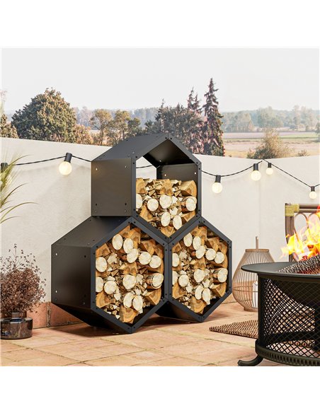 Outsunny Fireplace Log Rack, Steel Firewood Log Holder, 3 Hexagon Boxes, Indoor Outdoor Wood Storage Shelf, 113 x 37 x 113cm, Bl - pic 107478 | FastDaddyshop