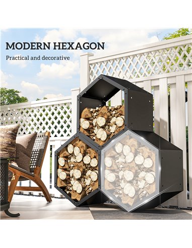 Outsunny Fireplace Log Rack, Steel Firewood Log Holder, 3 Hexagon Boxes, Indoor Outdoor Wood Storage Shelf, 113 x 37 x 113cm, Bl