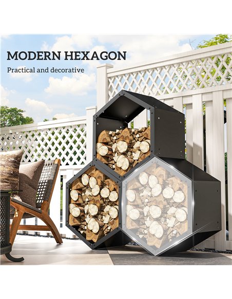 Outsunny Fireplace Log Rack, Steel Firewood Log Holder, 3 Hexagon Boxes, Indoor Outdoor Wood Storage Shelf, 113 x 37 x 113cm, Bl - pic 107480 | FastDaddyshop