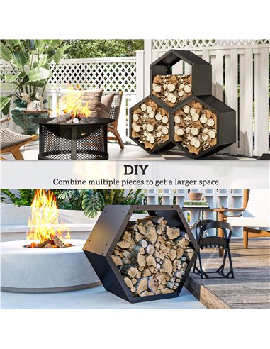 Outsunny Fireplace Log Rack, Steel Firewood Log Holder, 3 Hexagon Boxes, Indoor Outdoor Wood Storage Shelf, 113 x 37 x 113cm, Bl