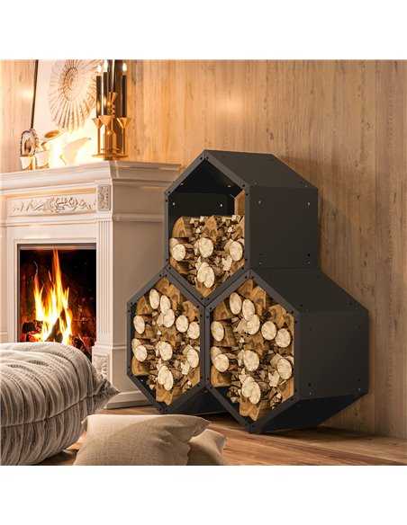 Outsunny Fireplace Log Rack, Steel Firewood Log Holder, 3 Hexagon Boxes, Indoor Outdoor Wood Storage Shelf, 113 x 37 x 113cm, Bl - pic 107483 | FastDaddyshop