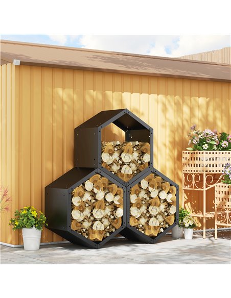 Outsunny Fireplace Log Rack, Steel Firewood Log Holder, 3 Hexagon Boxes, Indoor Outdoor Wood Storage Shelf, 113 x 37 x 113cm, Bl - pic 107484 | FastDaddyshop
