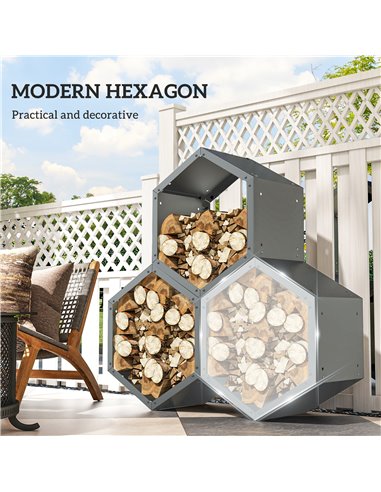 Outsunny Three-Shelf Hexagon Metal Firewood Rack - Grey 842-358V01GY