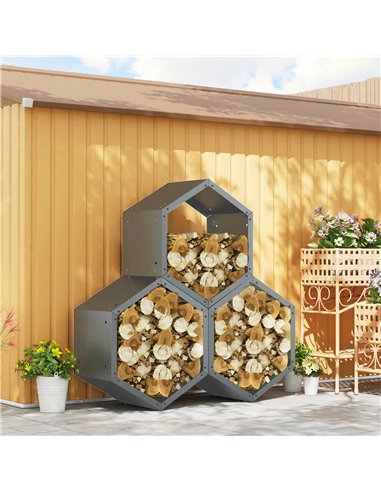 Outsunny Three-Shelf Hexagon Metal Firewood Rack - Grey 842-358V01GY