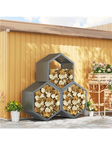 Outsunny Three-Shelf Hexagon Metal Firewood Rack - Grey 842-358V01GY - pic 107493 | FastDaddyshop