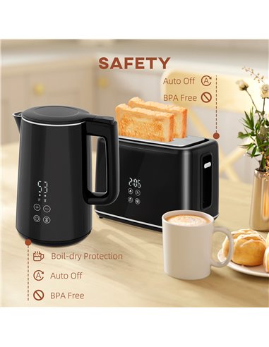 HOMCOM Kettle and Toaster Set, 1.5L 3000W Fast Boil Kettle with Insulation & 2 Slice Toaster Kitchen Set with 7 Level Browning C