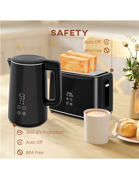 HOMCOM Kettle and Toaster Set, 1.5L 3000W Fast Boil Kettle with Insulation & 2 Slice Toaster Kitchen Set with 7 Level Browning C - pic 107600 | FastDaddyshop