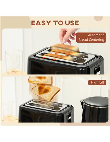 HOMCOM Kettle and Toaster Set, 1.5L 3000W Fast Boil Kettle with Insulation & 2 Slice Toaster Kitchen Set with 7 Level Browning C