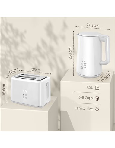 HOMCOM Kettle and Toaster Set, 1.5L 3000W Fast Boil Kettle with Insulation & 2 Slice Toaster Kitchen Set with 7 Level Browning C