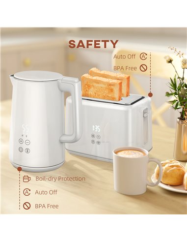 HOMCOM Kettle and Toaster Set, 1.5L 3000W Fast Boil Kettle with Insulation & 2 Slice Toaster Kitchen Set with 7 Level Browning C