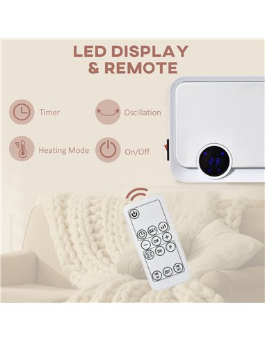 HOMCOM Wall Downflow Heater 2 Heat and Fan 1000W/2000W, Electric Space Heater with Timer Remote Oscillating, for Bedroom Home Of