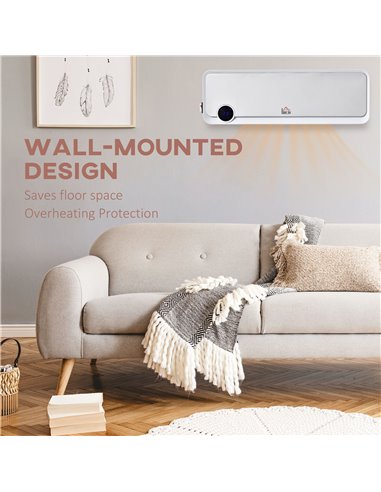 HOMCOM Wall Downflow Heater 2 Heat and Fan 1000W/2000W, Electric Space Heater with Timer Remote Oscillating, for Bedroom Home Of