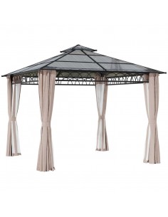 Outsunny 3x3 m Outdoor Polycarbonate Gazebo with Galvanised Steel Frame, Nettings & Curtains