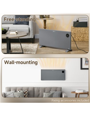 HOMCOM 2000W Electric Convector Heater, Freestanding or Wall Mounted, Space Heater with Adjustable Thermostat, Timer, Grey 820-3