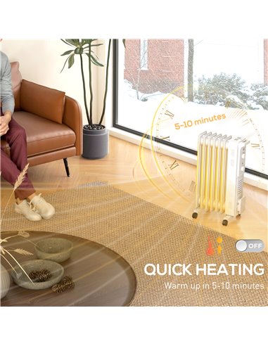 HOMCOM 1500W Quiet Oil Filled Radiator, 7 Fin Energy Efficient Portable Electric Heater with 3 Heat Settings, Adjustable Thermos