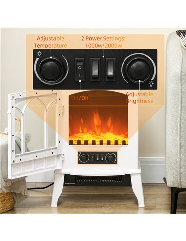 HOMCOM Freestanding Electric Fireplace, Electric Stove Heater with LED Flame Effect, Overheating Safety System, 1000W/2000W Whit