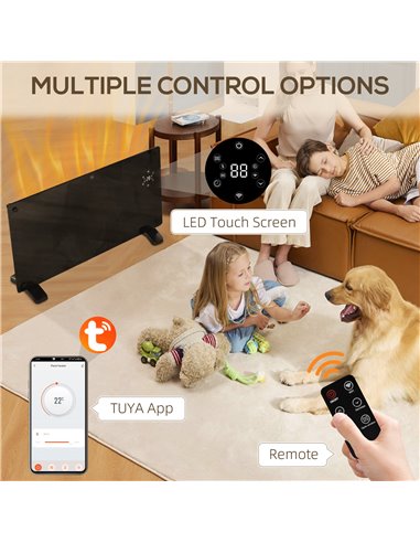 HOMCOM Electric Heater Wifi Smart App, 1500W Glass Panel Heater Radiator, Freestanding or Wall Mounted Convector Space Heater wi
