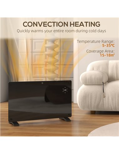 HOMCOM Electric Heater Wifi Smart App, 1500W Glass Panel Heater Radiator, Freestanding or Wall Mounted Convector Space Heater wi