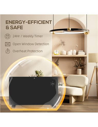 HOMCOM Electric Heater Wifi Smart App, 1500W Glass Panel Heater Radiator, Freestanding or Wall Mounted Convector Space Heater wi