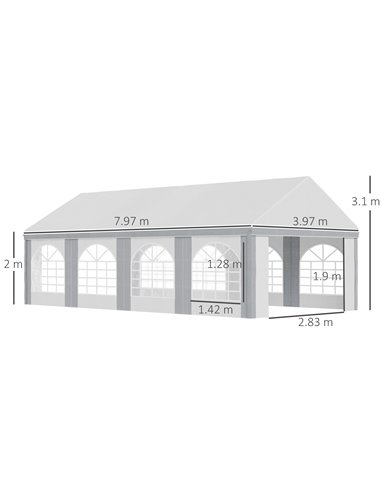 Outsunny 8 x 4m Galvanised Party Tent, Marquee Gazebo with Sides, Eight Windows and Double Doors, for Parties, Wedding and Event