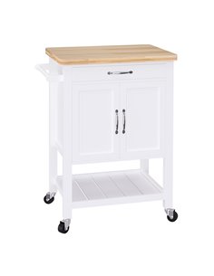 HOMCOM Kitchen Storage Trolley Cart Rolling Wheels Shelves Cupboard W/ Drawer And Towel Rail Rubber Wood Worktop White 801-068