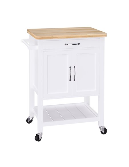 HOMCOM Kitchen Storage Trolley Cart Rolling Wheels Shelves Cupboard W/ Drawer And Towel Rail Rubber Wood Worktop White 801-068 - pic 108305 | FastDaddyshop