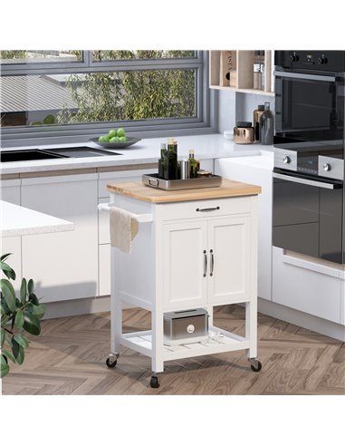 HOMCOM Kitchen Storage Trolley Cart Rolling Wheels Shelves Cupboard W/ Drawer And Towel Rail Rubber Wood Worktop White 801-068