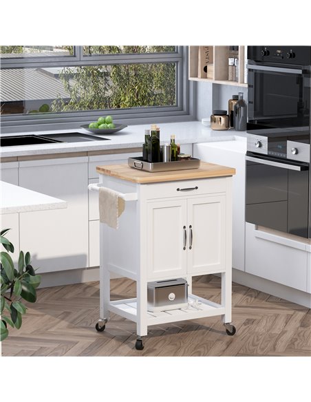 HOMCOM Kitchen Storage Trolley Cart Rolling Wheels Shelves Cupboard W/ Drawer And Towel Rail Rubber Wood Worktop White 801-068 - pic 108306 | FastDaddyshop