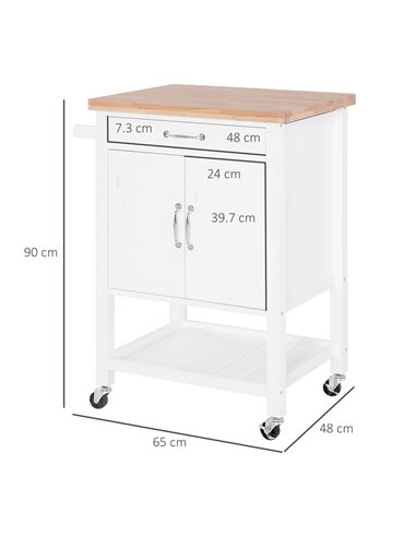 HOMCOM Kitchen Storage Trolley Cart Rolling Wheels Shelves Cupboard W/ Drawer And Towel Rail Rubber Wood Worktop White 801-068