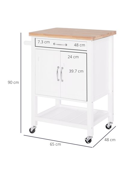 HOMCOM Kitchen Storage Trolley Cart Rolling Wheels Shelves Cupboard W/ Drawer And Towel Rail Rubber Wood Worktop White 801-068 - pic 108307 | FastDaddyshop