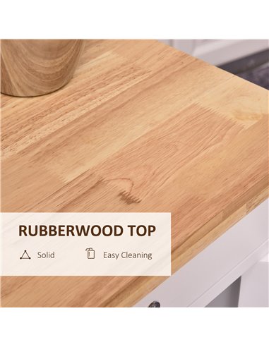 HOMCOM Kitchen Storage Trolley Cart Rolling Wheels Shelves Cupboard W/ Drawer And Towel Rail Rubber Wood Worktop White 801-068