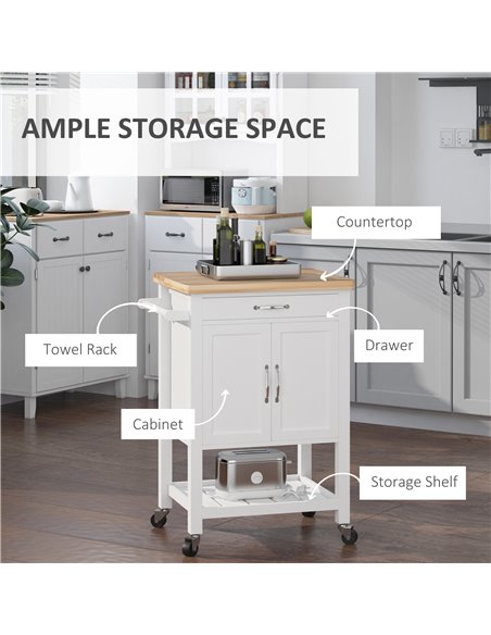 HOMCOM Kitchen Storage Trolley Cart Rolling Wheels Shelves Cupboard W/ Drawer And Towel Rail Rubber Wood Worktop White 801-068 - pic 108309 | FastDaddyshop