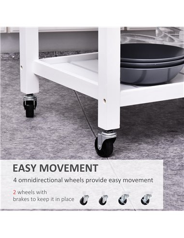 HOMCOM Kitchen Storage Trolley Cart Rolling Wheels Shelves Cupboard W/ Drawer And Towel Rail Rubber Wood Worktop White 801-068