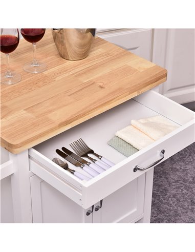 HOMCOM Kitchen Storage Trolley Cart Rolling Wheels Shelves Cupboard W/ Drawer And Towel Rail Rubber Wood Worktop White 801-068