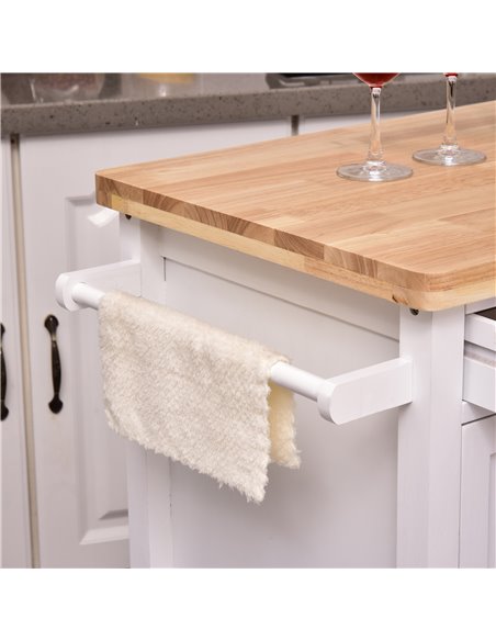 HOMCOM Kitchen Storage Trolley Cart Rolling Wheels Shelves Cupboard W/ Drawer And Towel Rail Rubber Wood Worktop White 801-068 - pic 108312 | FastDaddyshop