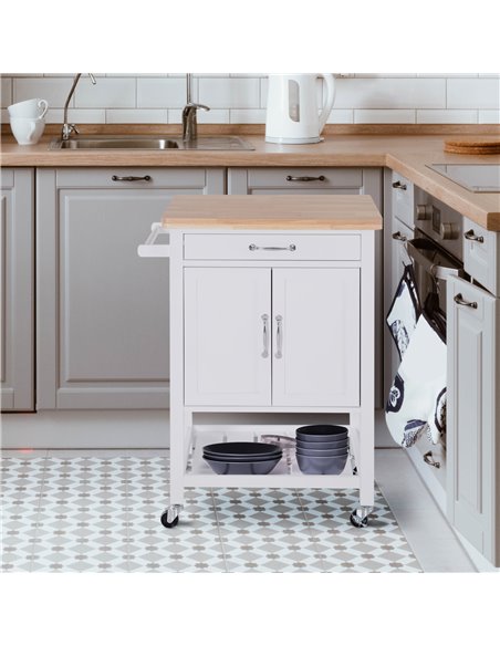 HOMCOM Kitchen Storage Trolley Cart Rolling Wheels Shelves Cupboard W/ Drawer And Towel Rail Rubber Wood Worktop White 801-068 - pic 108313 | FastDaddyshop