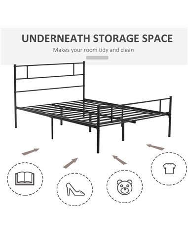 HOMCOM Double Metal Bed Frame Solid Bedstead Base with Headboard and Footboard, Metal Slat Support and Underbed Storage Space, B