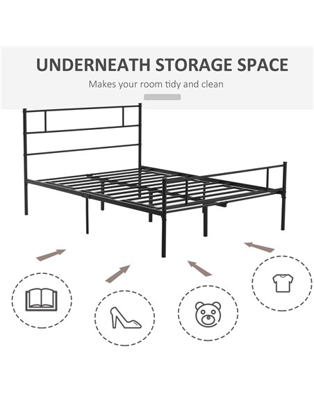 HOMCOM Double Metal Bed Frame Solid Bedstead Base with Headboard and Footboard, Metal Slat Support and Underbed Storage Space, B - pic 108508 | FastDaddyshop