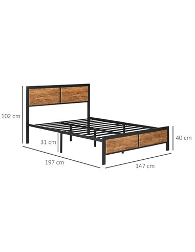 HOMCOM Industrial Double Bed Frame, 5FT Steel Bed Base with Headboard, Footboard, Slatted Support and Under Bed Storage, 147 x 1