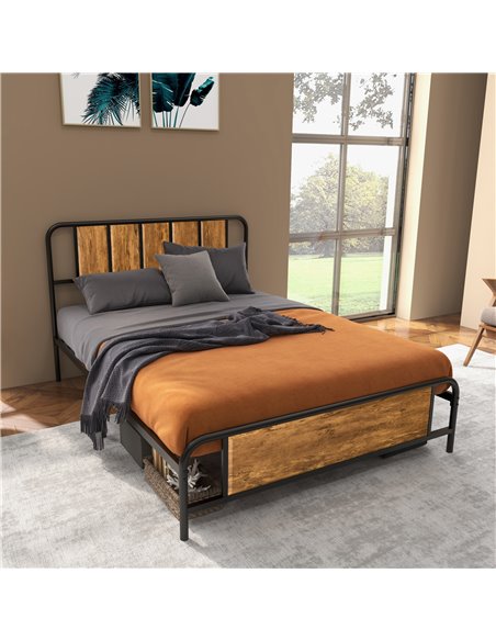 HOMCOM 4.8ft Double Bed Frame with Industrial Wood Headboard, Steel Slat Support and 25.5cm Underbed Storage Space, 145 x 199cm, - pic 108531 | FastDaddyshop