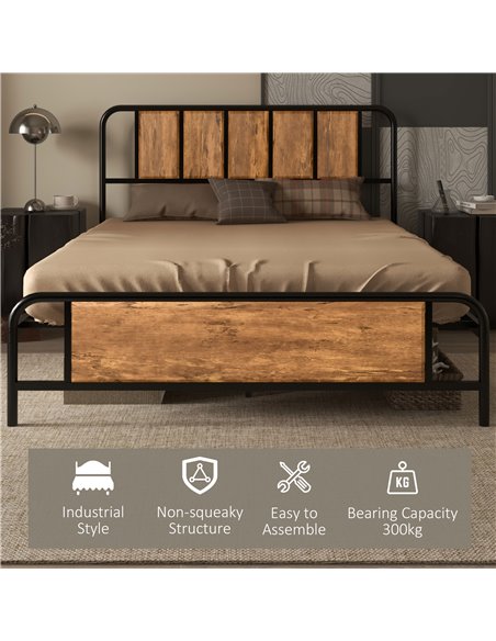 HOMCOM 4.8ft Double Bed Frame with Industrial Wood Headboard, Steel Slat Support and 25.5cm Underbed Storage Space, 145 x 199cm, - pic 108533 | FastDaddyshop