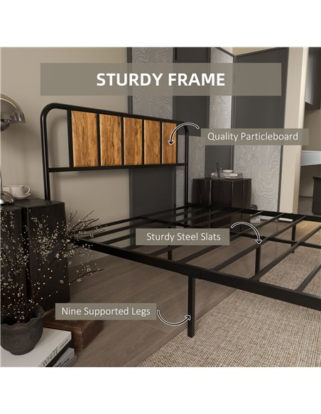 HOMCOM 4.8ft Double Bed Frame with Industrial Wood Headboard, Steel Slat Support and 25.5cm Underbed Storage Space, 145 x 199cm, - pic 108535 | FastDaddyshop