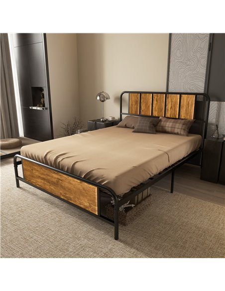 HOMCOM 4.8ft Double Bed Frame with Industrial Wood Headboard, Steel Slat Support and 25.5cm Underbed Storage Space, 145 x 199cm, - pic 108536 | FastDaddyshop