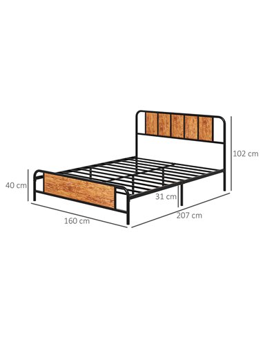 HOMCOM 5.2ft King Bed Frame with Industrial Wood Headboard, Steel Slat Support and 31cm Underbed Storage Space, 160 x 207cm, Rus