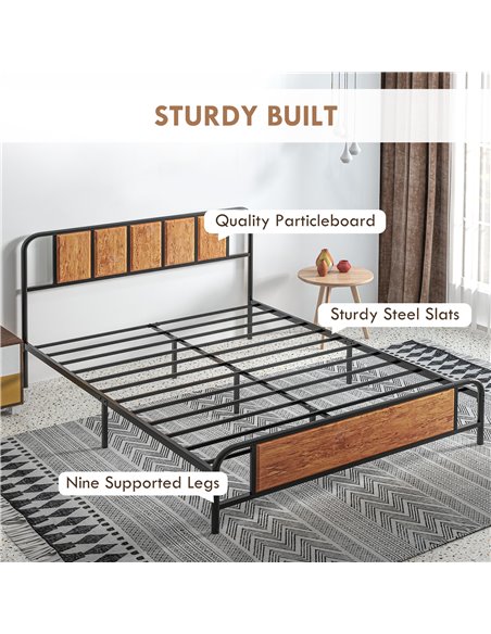HOMCOM 5.2ft King Bed Frame with Industrial Wood Headboard, Steel Slat Support and 31cm Underbed Storage Space, 160 x 207cm, Rus - pic 108544 | FastDaddyshop
