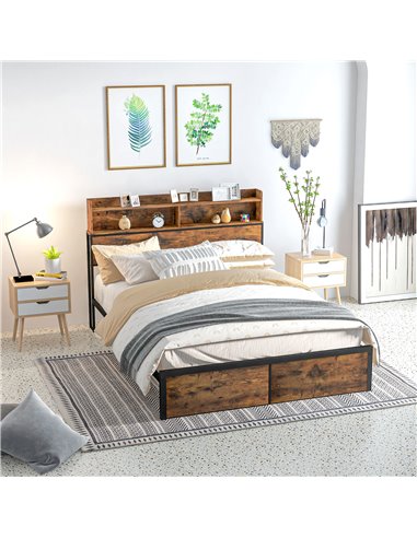 HOMCOM Industrial King Bed Frame, 5.2FT Steel Bed Base with Storage Headboard, Footboard, Slatted Support and Under Bed Storage,