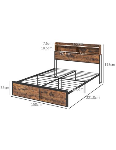 HOMCOM Industrial King Bed Frame, 5.2FT Steel Bed Base with Storage Headboard, Footboard, Slatted Support and Under Bed Storage,