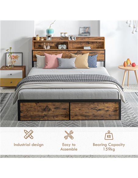 HOMCOM Industrial King Bed Frame, 5.2FT Steel Bed Base with Storage Headboard, Footboard, Slatted Support and Under Bed Storage, - pic 108562 | FastDaddyshop